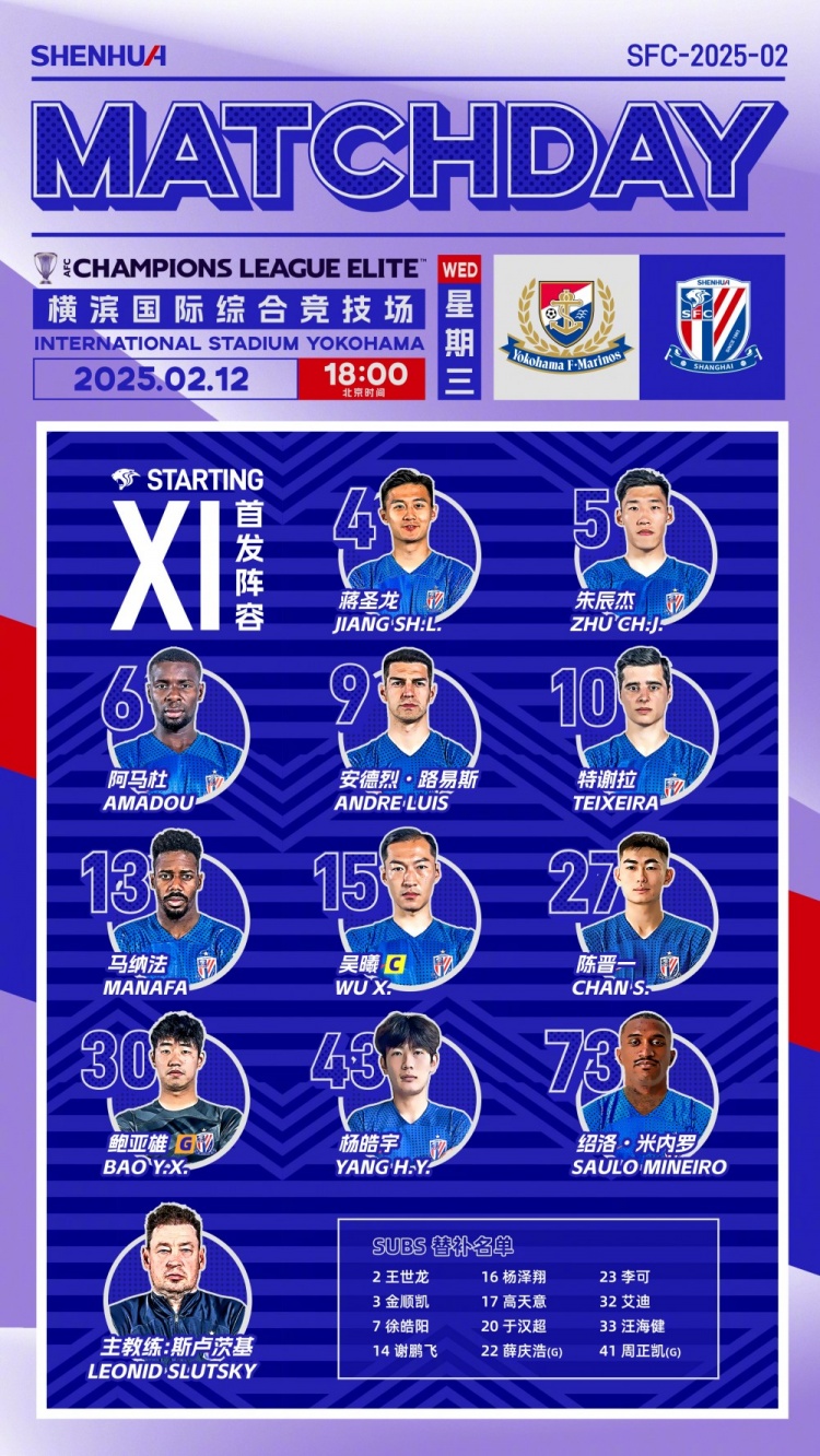  2024/25亞冠精英聯賽第7輪 橫濱水手 vs 上海申花 首發名單