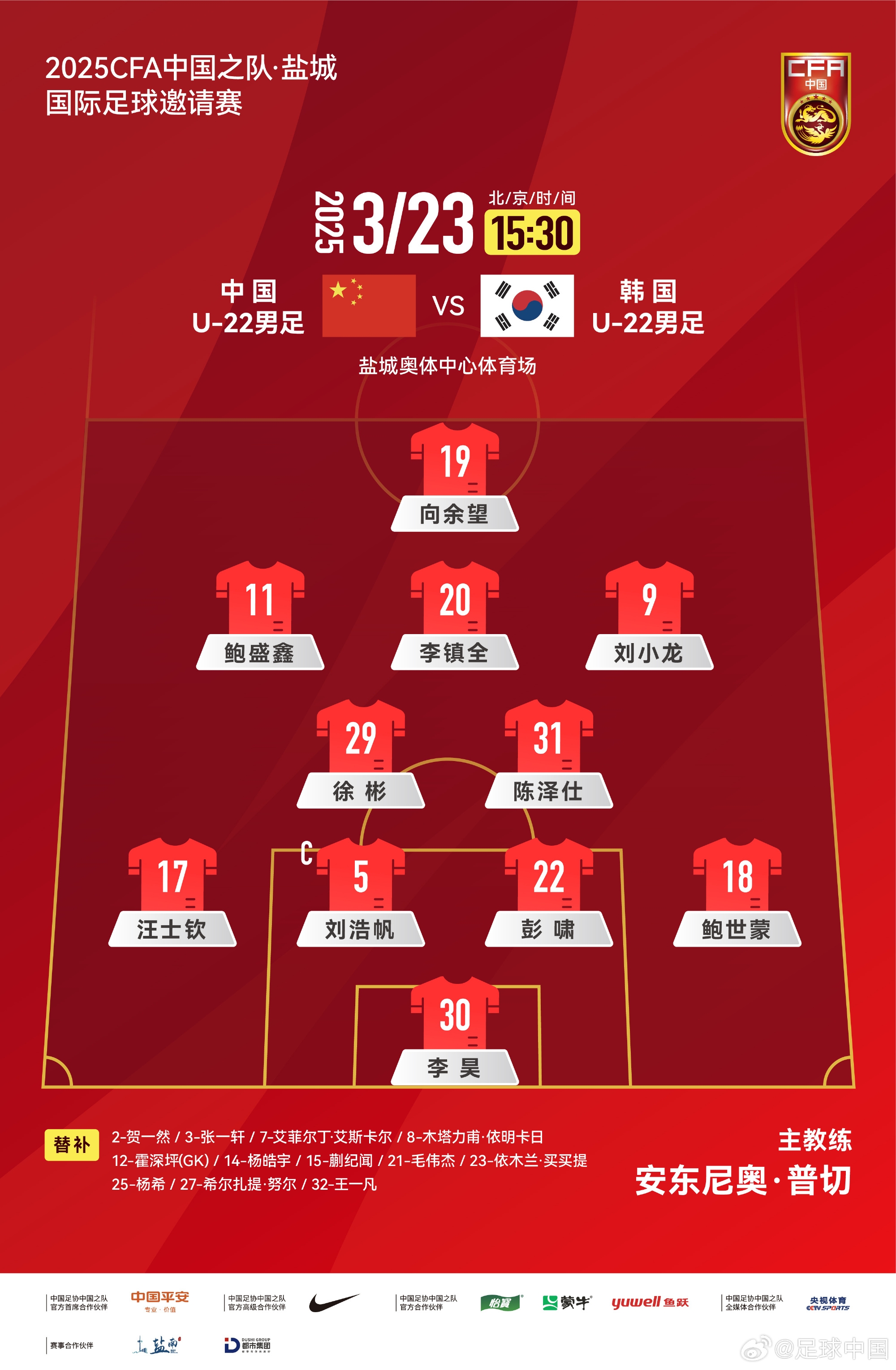  鹽城四國賽，中國U-22男足對陣韓國U-22男足，中國隊首發陣容